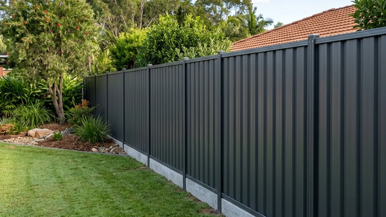 Completed Colorbond boundary fence with posts, rails and plinth line visible along a Queensland back yard
