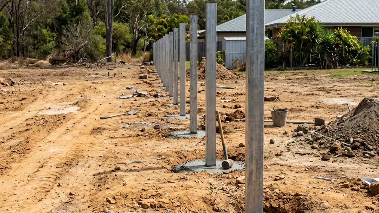 Steel fence posts set in concrete along a new fence line on a cleared Queensland residential block