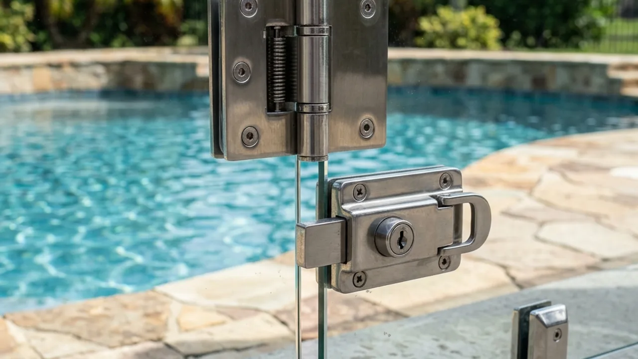 Close-up of a self-closing hinge and latch mechanism on a frameless glass pool fence gate panel