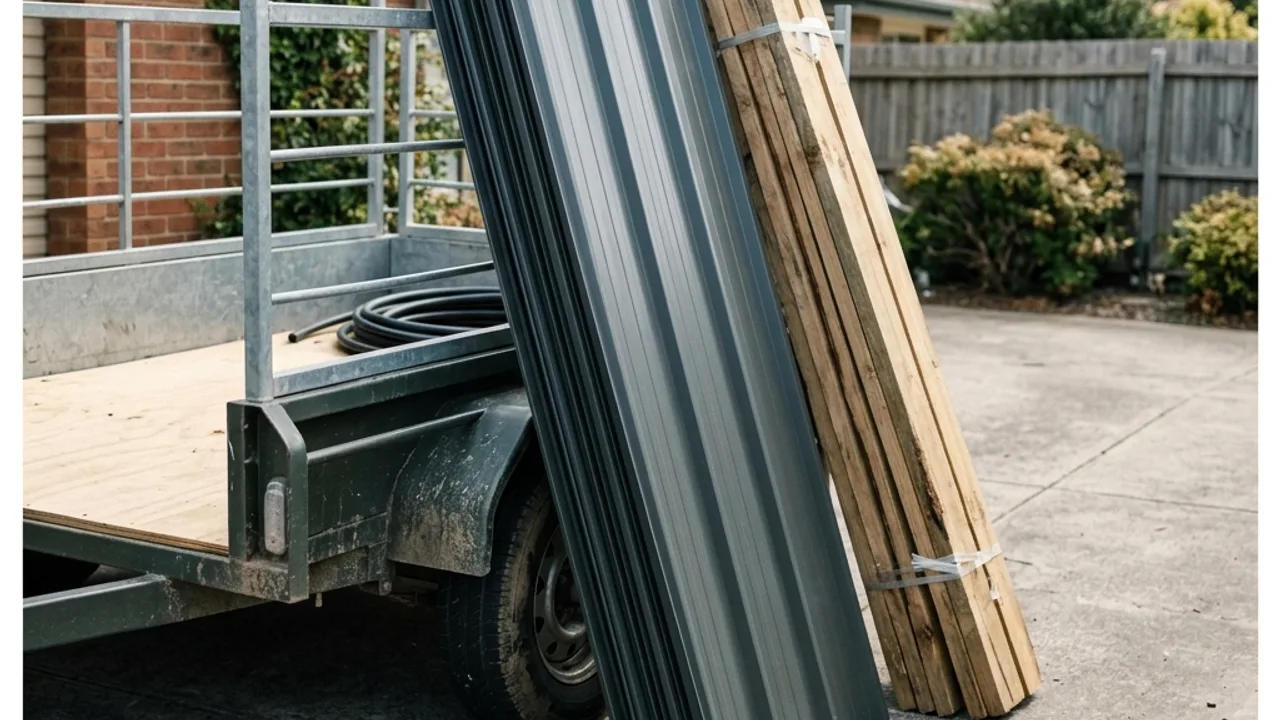 Stacked Colorbond steel fence sheets and timber palings ready for a fencing job