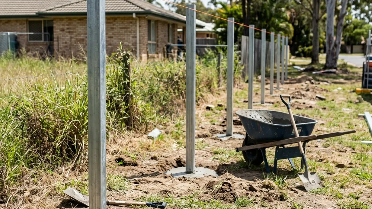 Fencing contractor setting posts to a stringline along a boundary fence line on a Queensland block