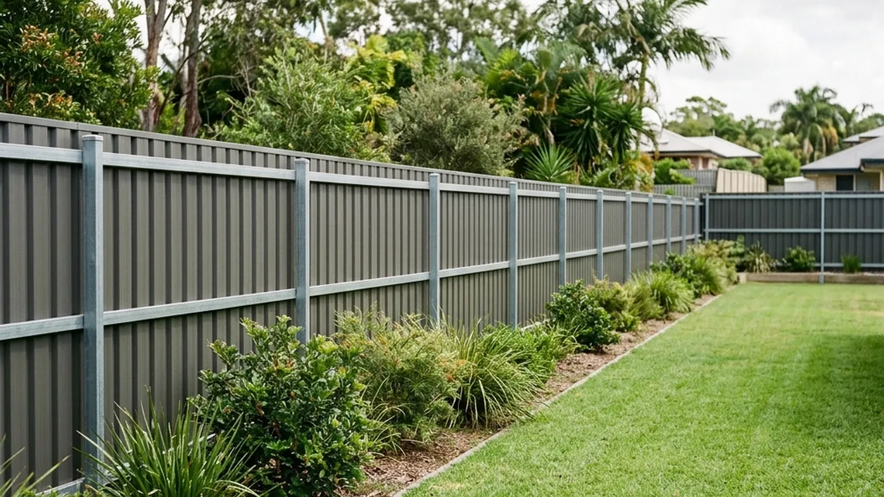 Long Woodland Grey Colorbond boundary fence running along a Caboolture back yard