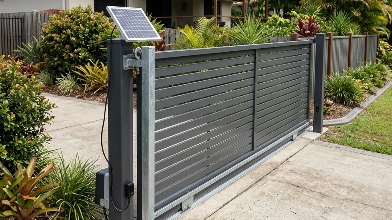 Automated sliding driveway gate on steel track hardware with a solar panel on the gate post, Caboolture district