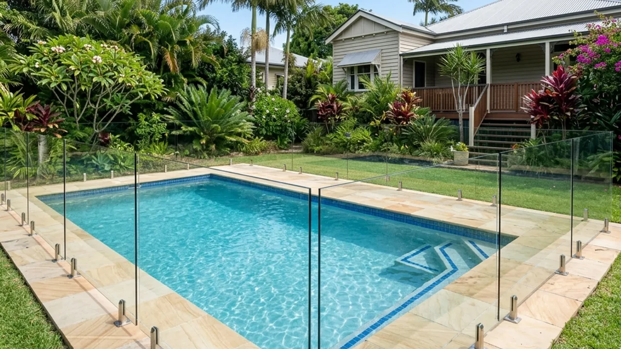 Frameless glass pool fence around a backyard swimming pool on a Bribie Island property