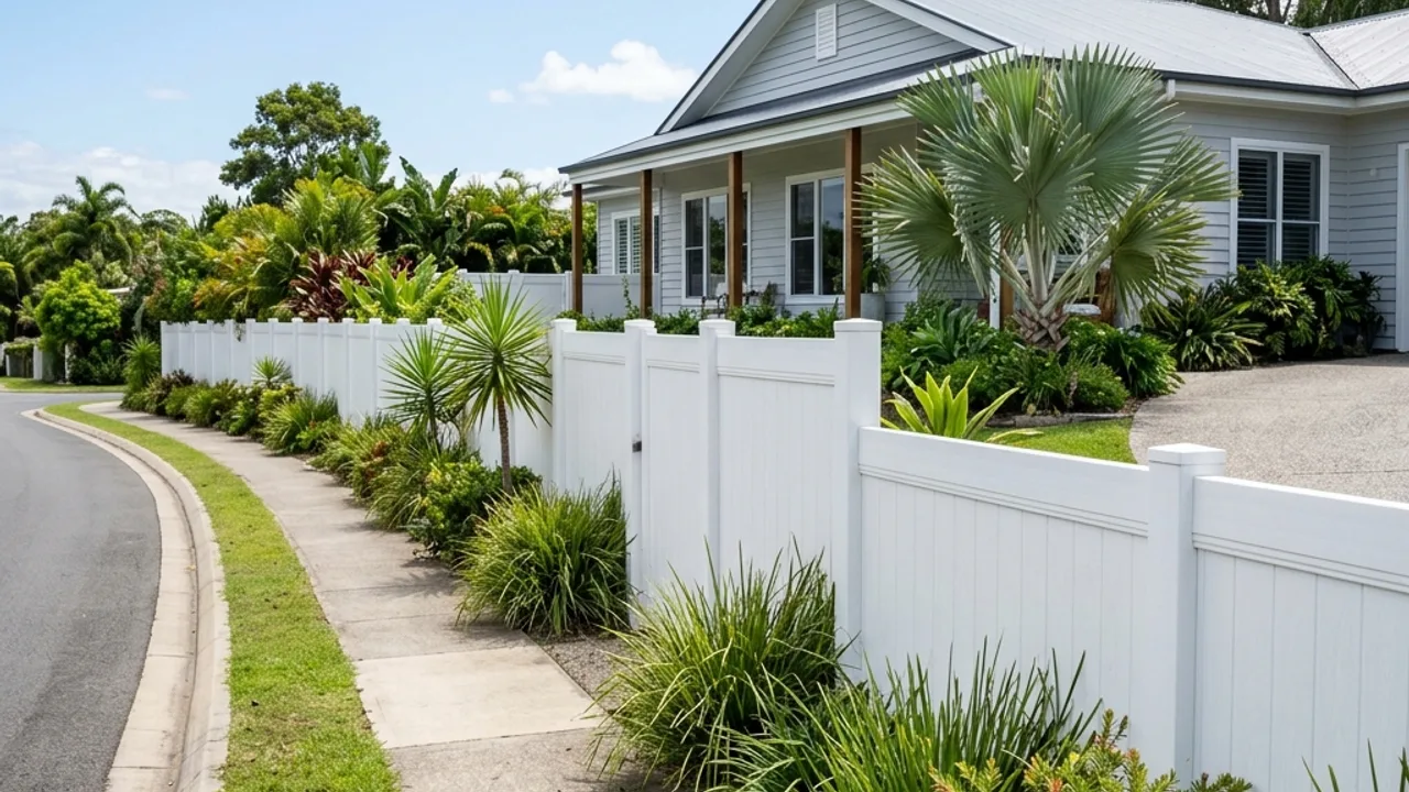 White PVC vinyl privacy fence panels along a boundary beside a coastal-style Queensland home