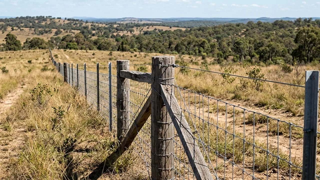 Ringlock rural wire fence with star pickets and a strainer post assembly running across an open Queensland paddock
