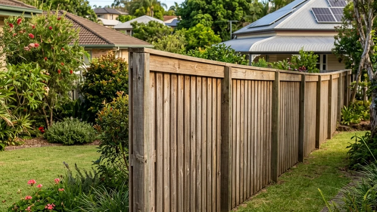 Lapped and capped timber paling fence with a visible capping board along a Caboolture boundary